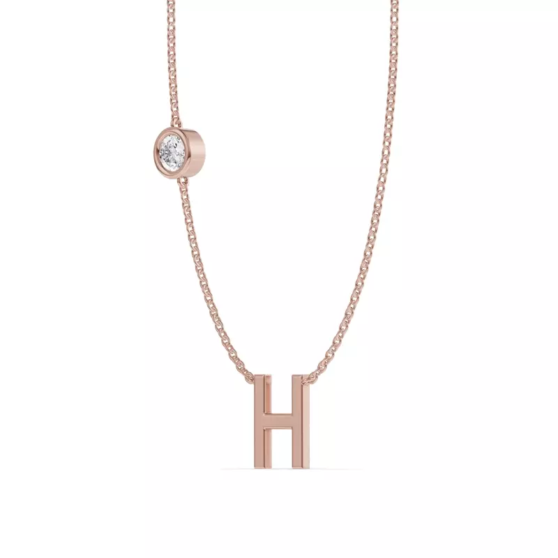 14K Rose Gold Bezel Diamond Gold Initial Necklace - H