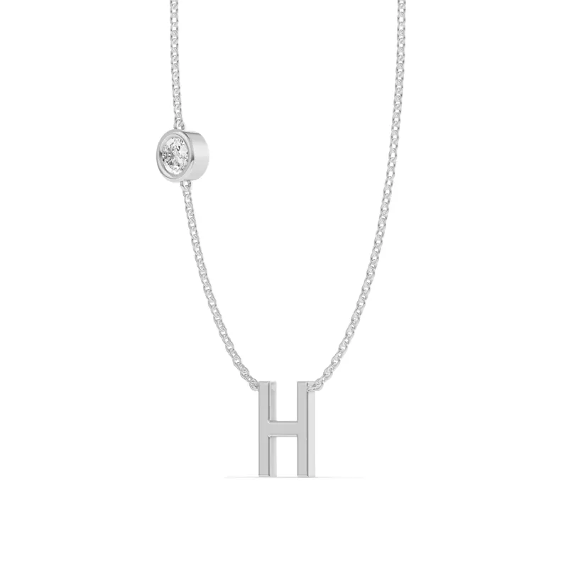 14K White Gold Bezel Lab Diamond Gold Initial Necklace - H