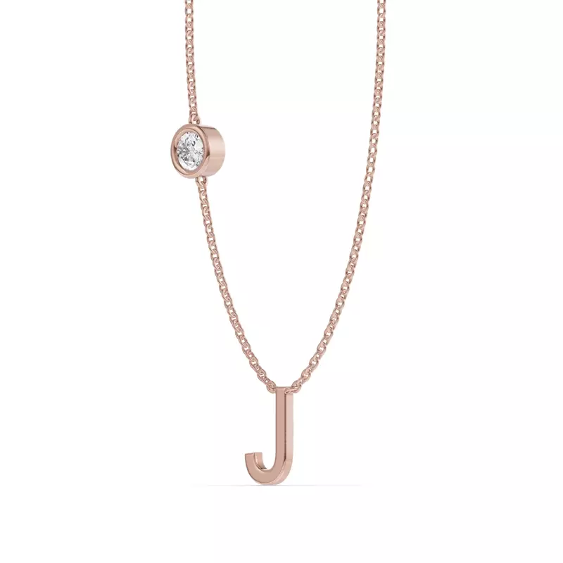 14K Rose Gold Bezel Lab Diamond Gold Initial Necklace - J