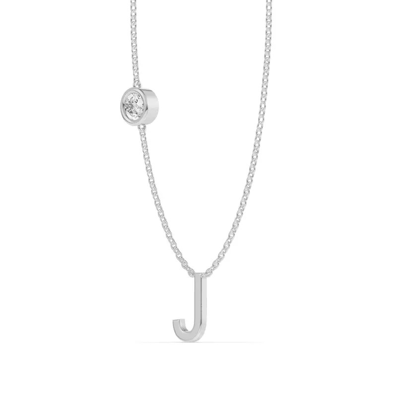 14K White Gold Bezel Diamond Gold Initial Necklace - J