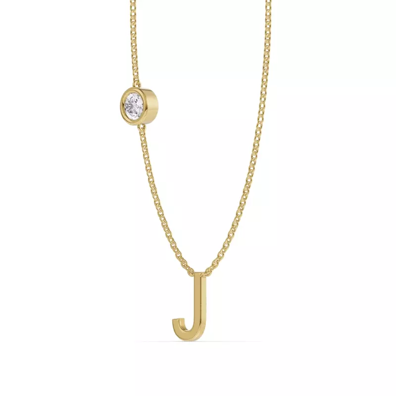 18K Yellow Gold Bezel Diamond Gold Initial Necklace - J