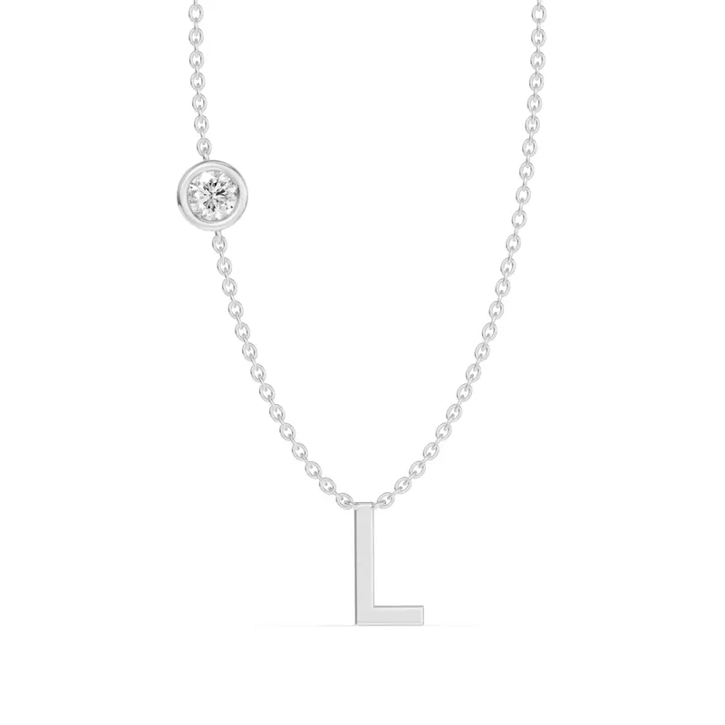 14K White Gold Bezel Lab Diamond Gold Initial Necklace - L