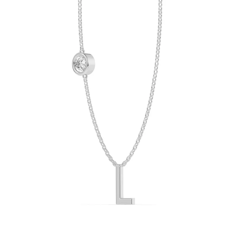 14K White Gold Bezel Lab Diamond Gold Initial Necklace - L