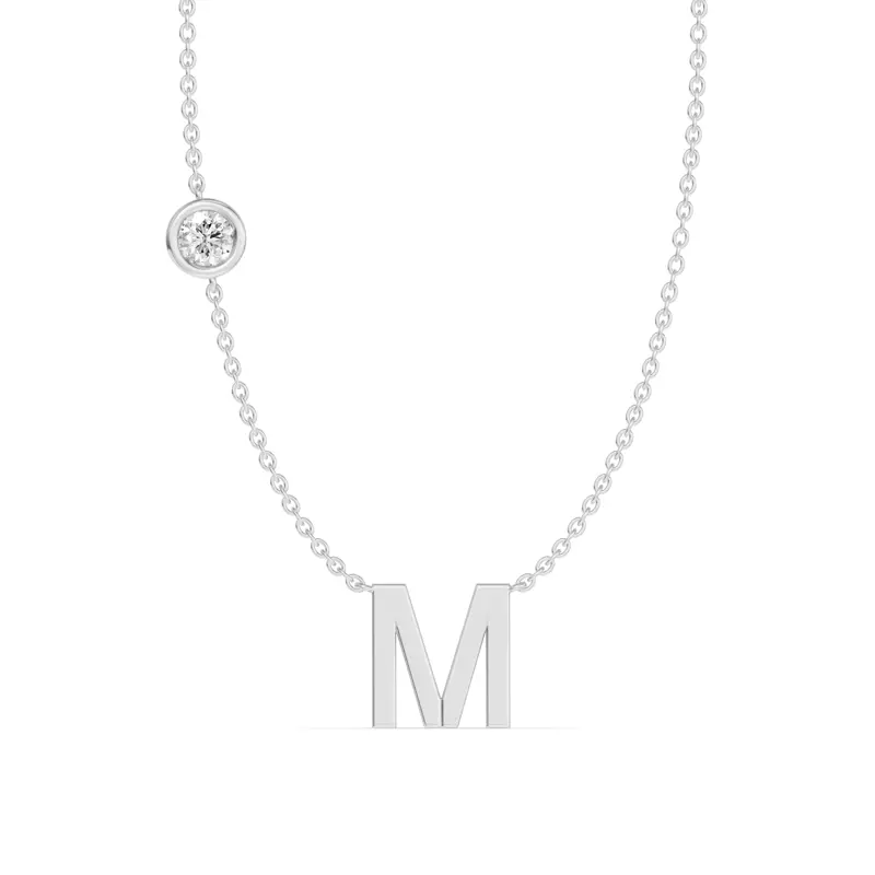 14K White Gold Bezel Lab Diamond Gold Initial Necklace - M