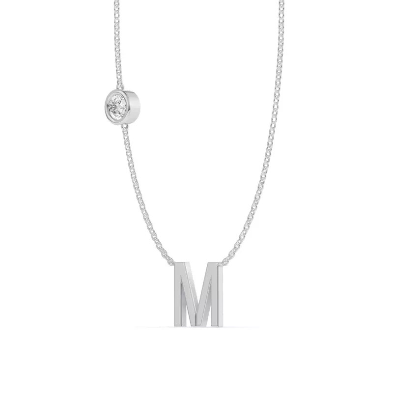 14K White Gold Bezel Lab Diamond Gold Initial Necklace - M