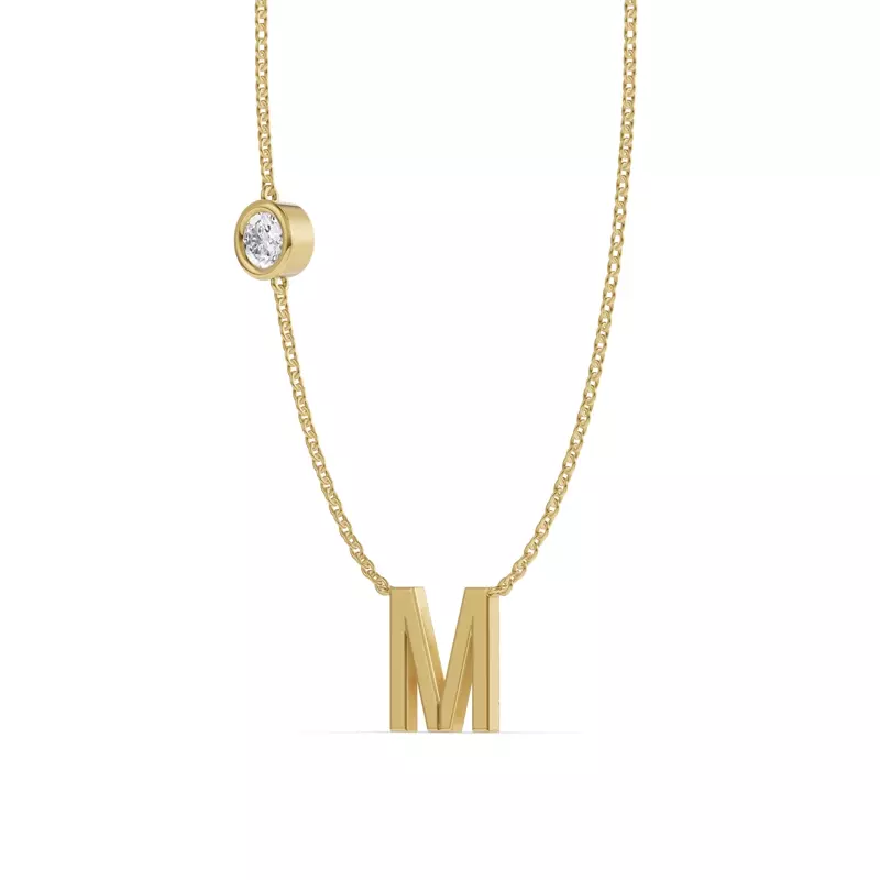 14K Yellow Gold Bezel Lab Diamond Gold Initial Necklace - M