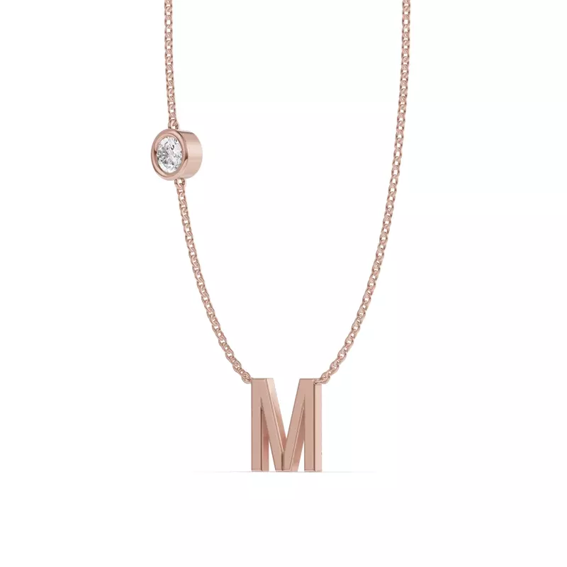 18K Rose Gold Bezel Diamond Gold Initial Necklace - M