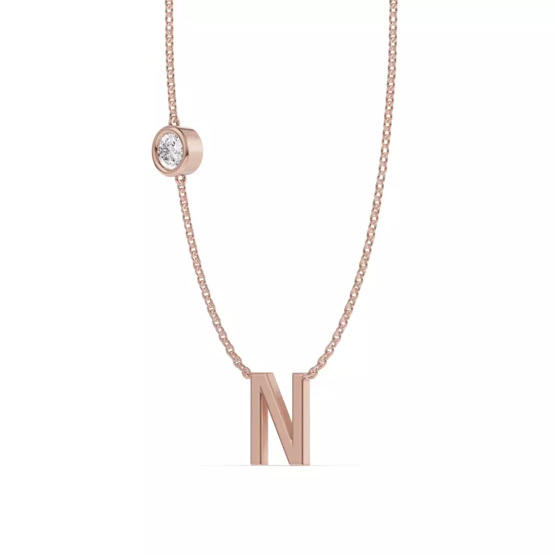 14K Rose Gold Bezel Lab Diamond Gold Initial Necklace - N