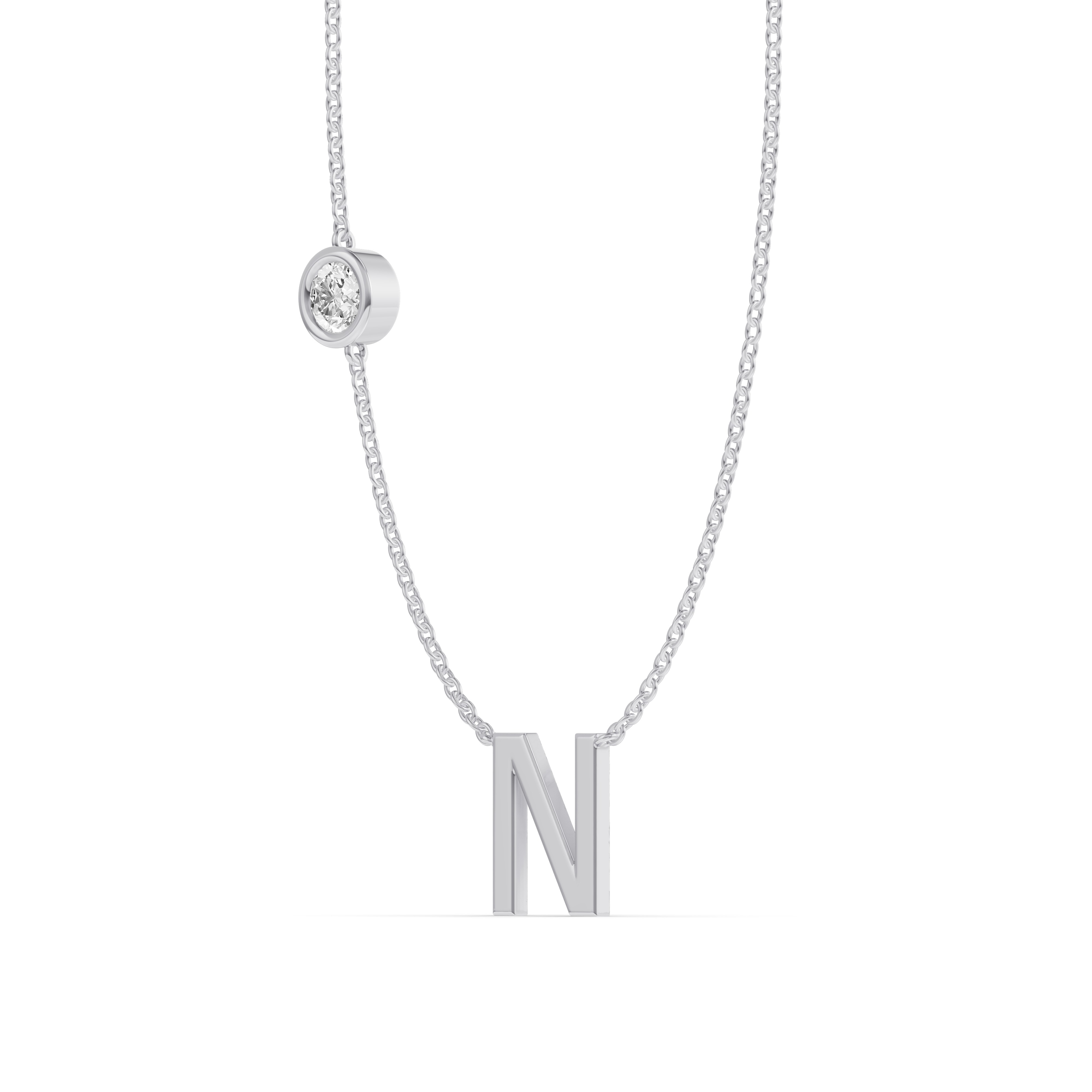 14K White Gold Bezel Lab Diamond Gold Initial Necklace - N