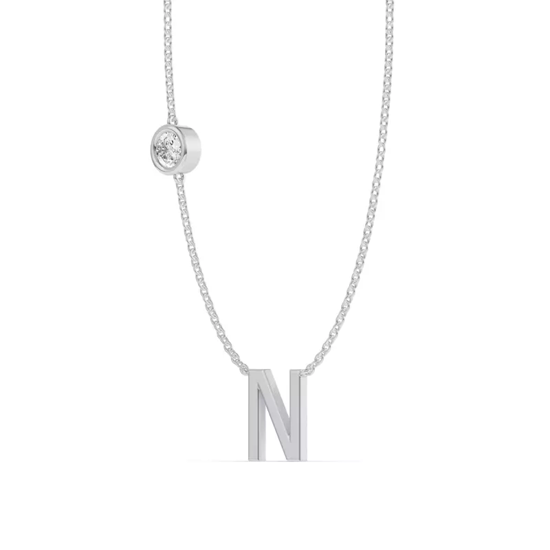 14K White Gold Bezel Diamond Gold Initial Necklace - N