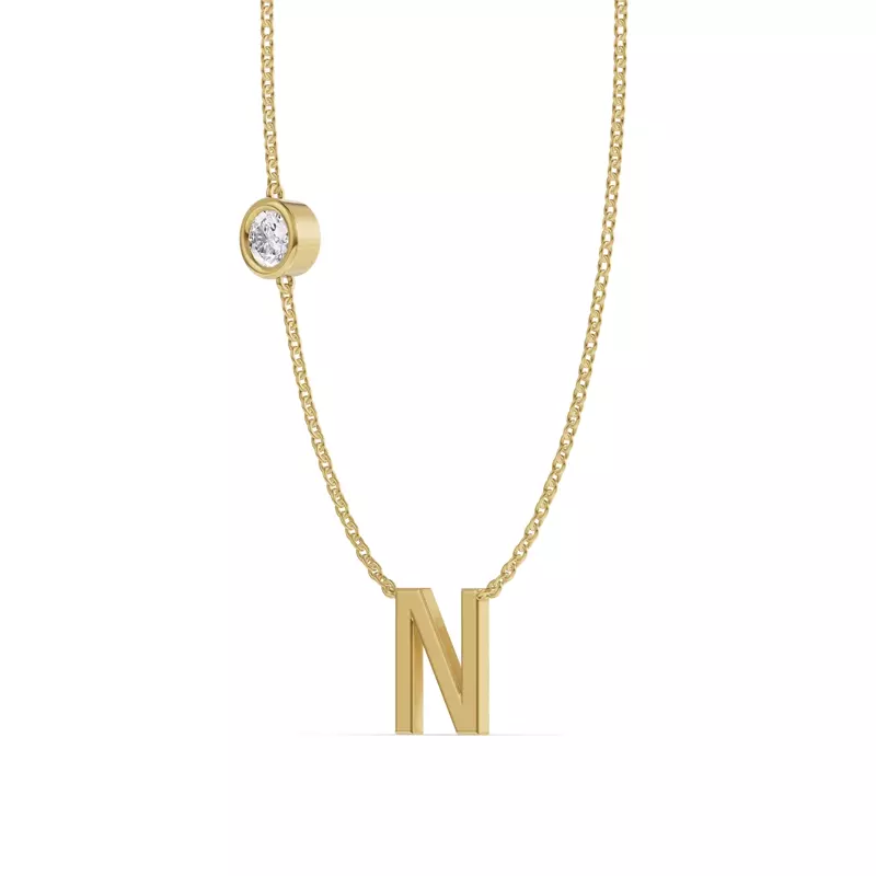 14K Yellow Gold Bezel Lab Diamond Gold Initial Necklace - N