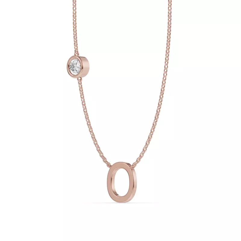 14K Rose Gold Bezel Lab Diamond Gold Initial Necklace - O