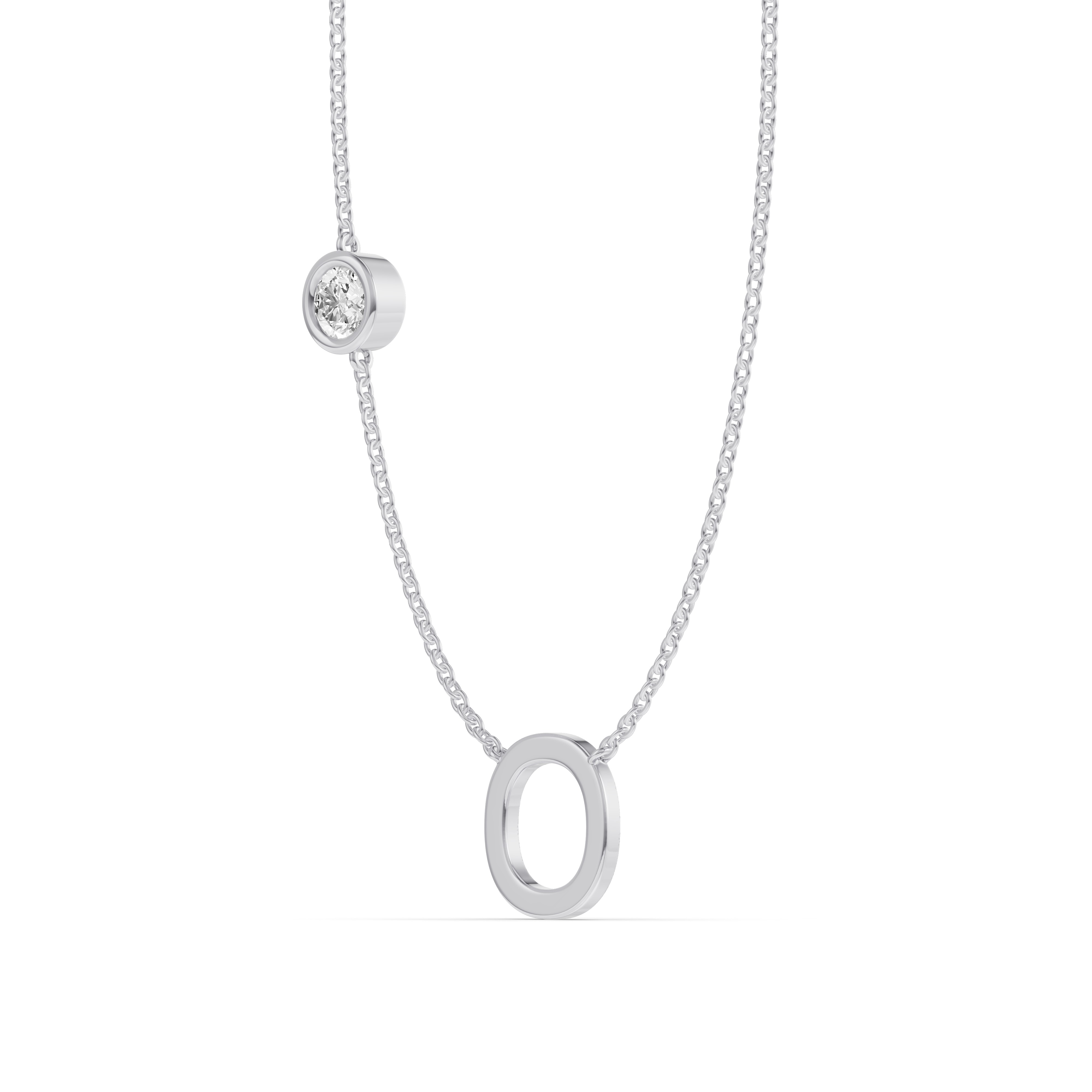 14K White Gold Bezel Diamond Gold Initial Necklace - O