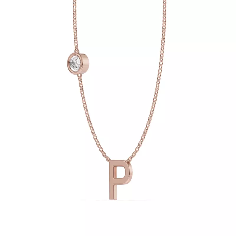 14K Rose Gold Bezel Lab Diamond Gold Initial Necklace - P