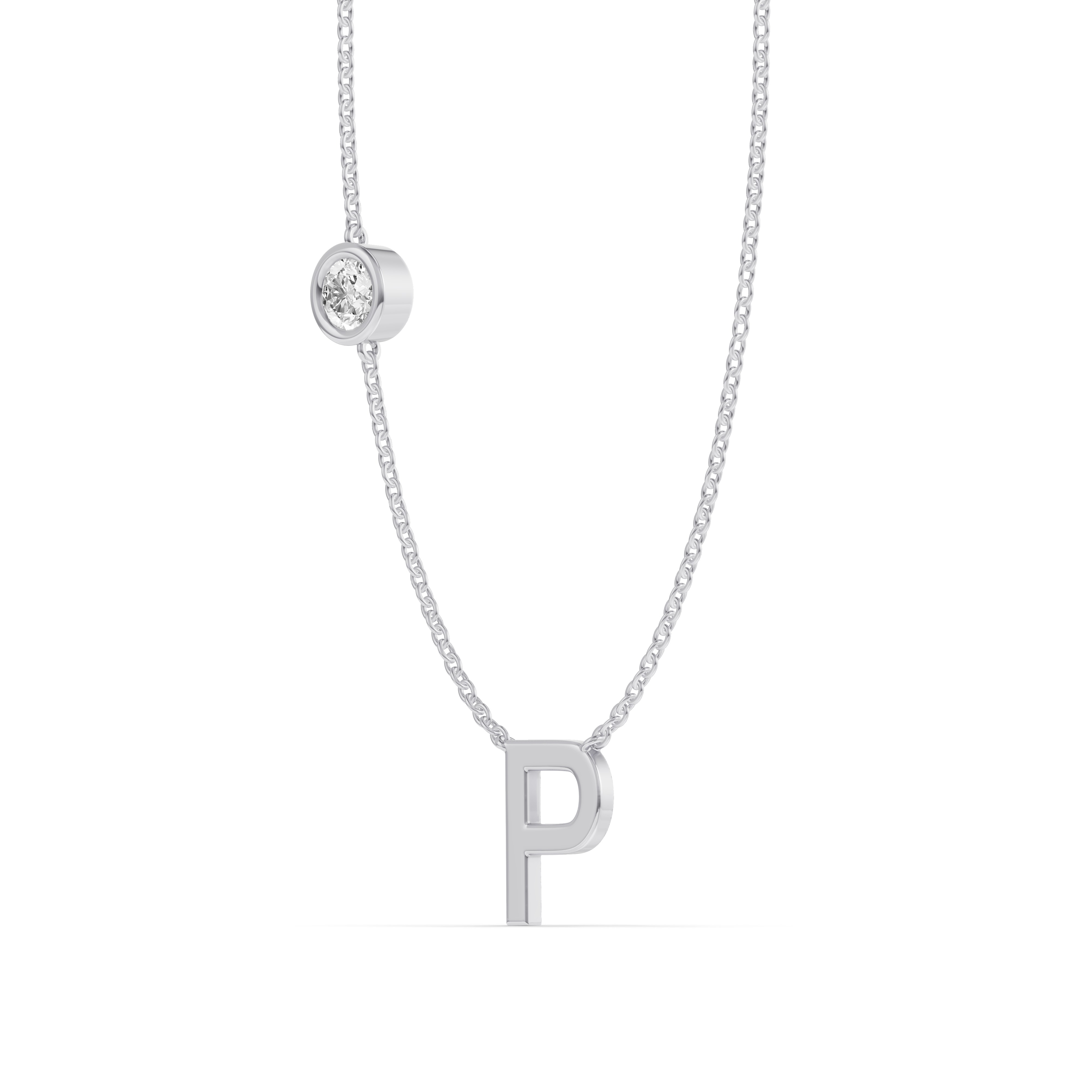 14K White Gold Bezel Lab Diamond Gold Initial Necklace - P