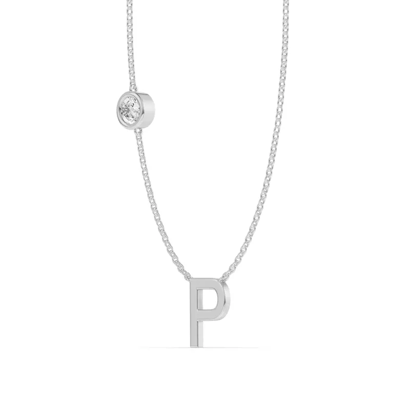 14K White Gold Bezel Diamond Gold Initial Necklace - P