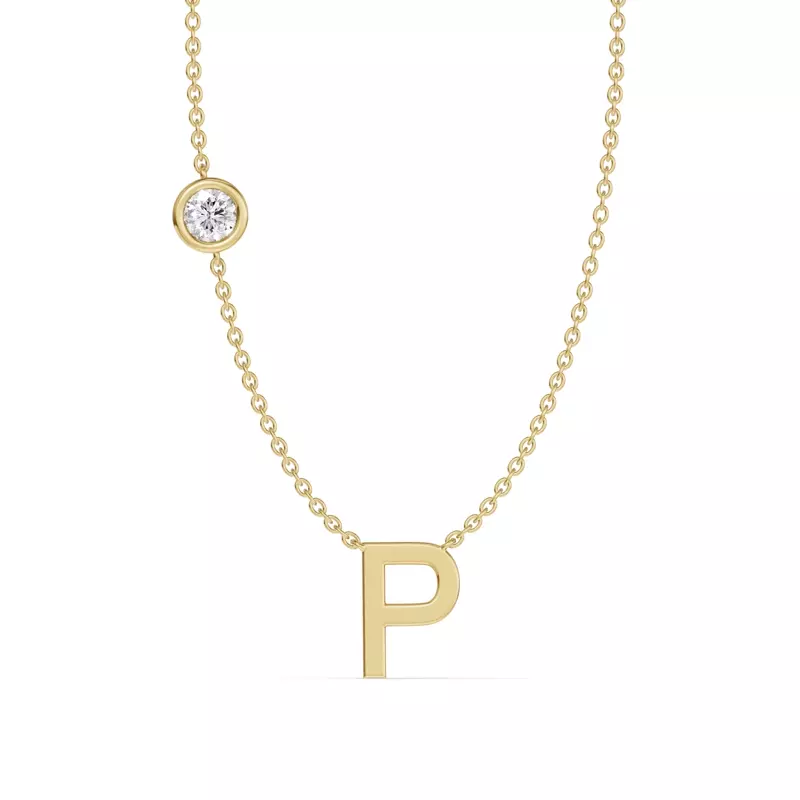 14K Yellow Gold Bezel Lab Diamond Gold Initial Necklace - P