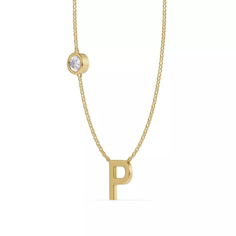 14K Yellow Gold Bezel Lab Diamond Gold Initial Necklace - P