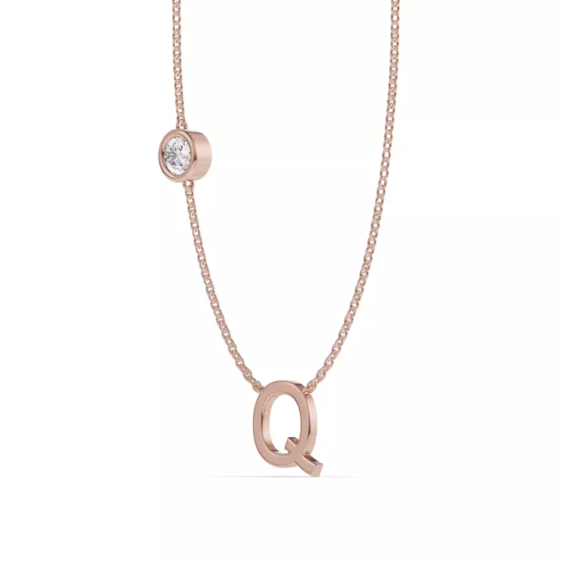 14K Rose Gold Bezel Lab Diamond Gold Initial Necklace - Q