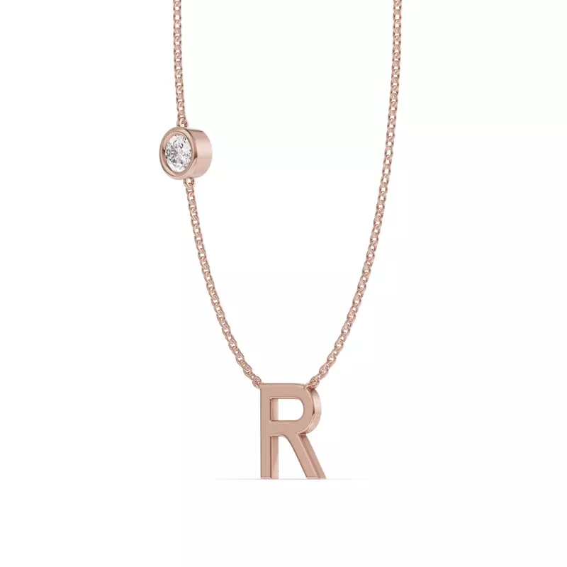 14K Rose Gold Bezel Lab Diamond Gold Initial Necklace - R
