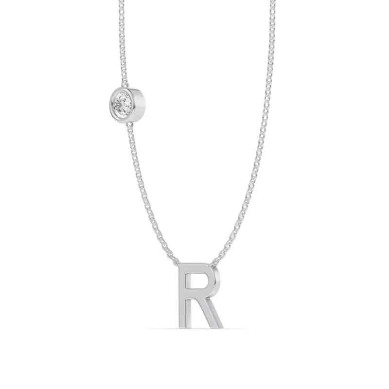 14K White Gold Bezel Lab Diamond Gold Initial Necklace - R