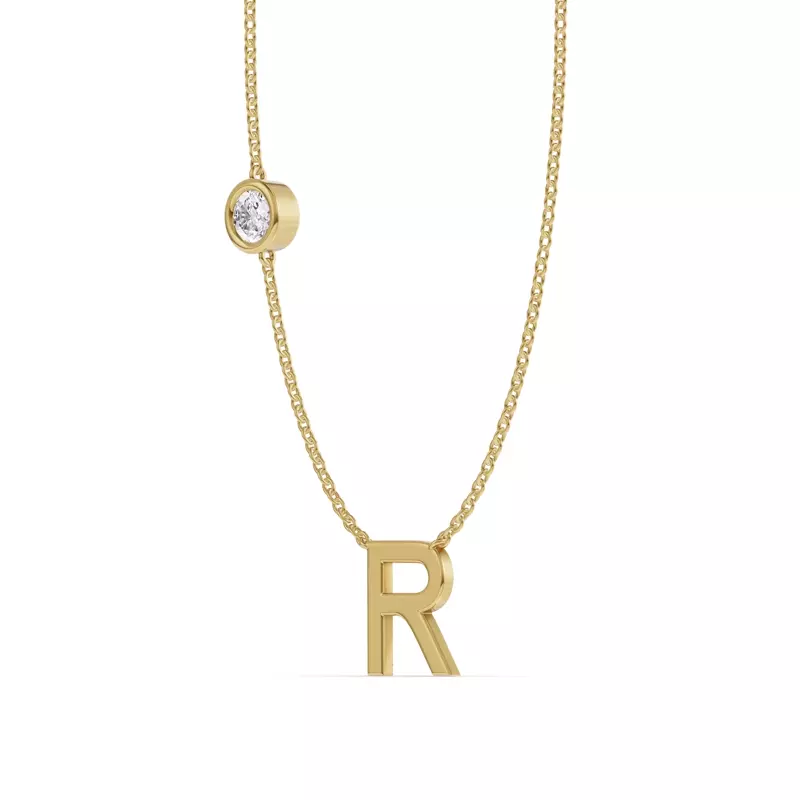 14K Yellow Gold Bezel Lab Diamond Gold Initial Necklace - R