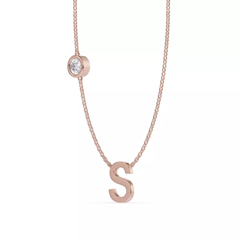 14K Rose Gold Bezel Lab Diamond Gold Initial Necklace - S