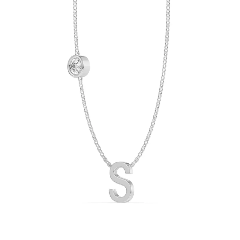 14K White Gold Bezel Lab Diamond Gold Initial Necklace - S