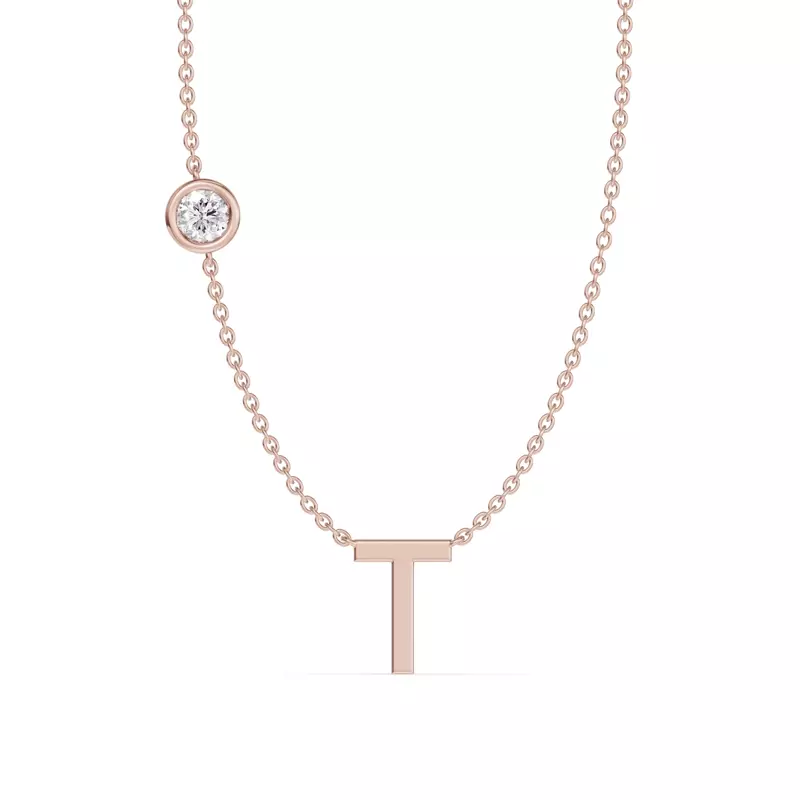 14K Rose Gold Bezel Lab Diamond Gold Initial Necklace - T