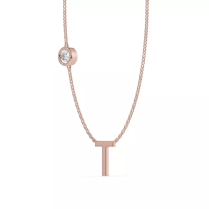14K Rose Gold Bezel Lab Diamond Gold Initial Necklace - T