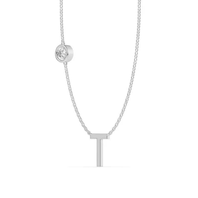 14K White Gold Bezel Lab Diamond Gold Initial Necklace - T