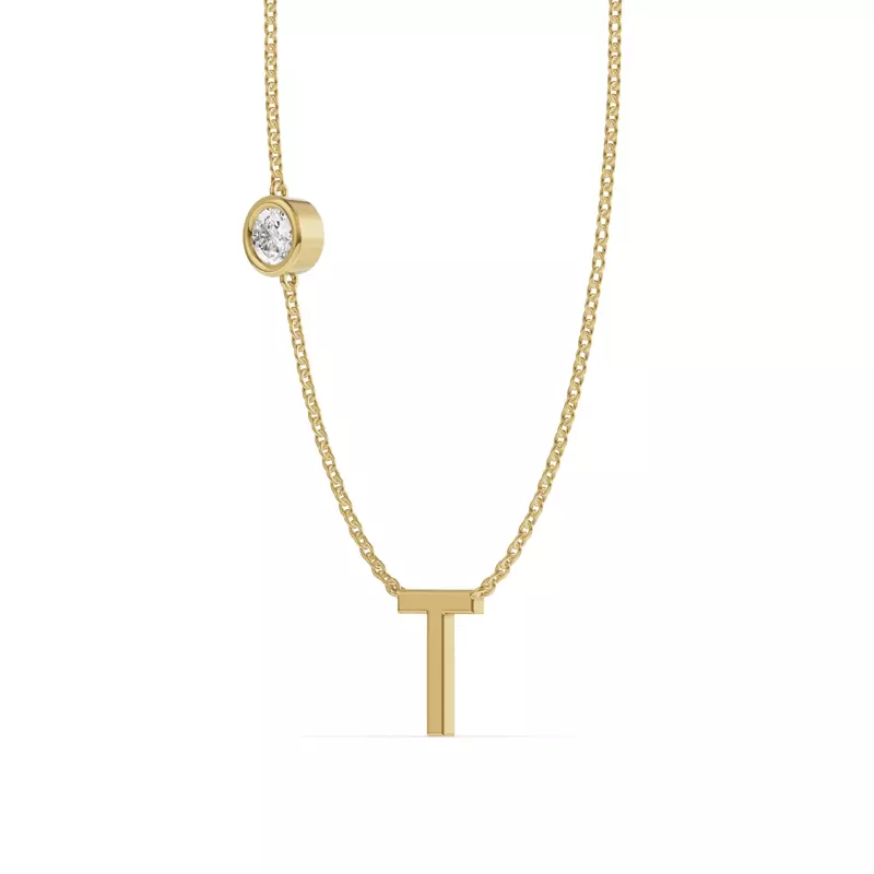 14K Yellow Gold Bezel Lab Diamond Gold Initial Necklace - T