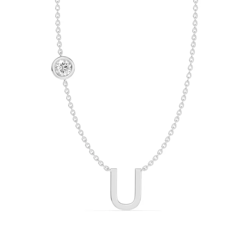 14K White Gold Bezel Lab Diamond Gold Initial Necklace - U