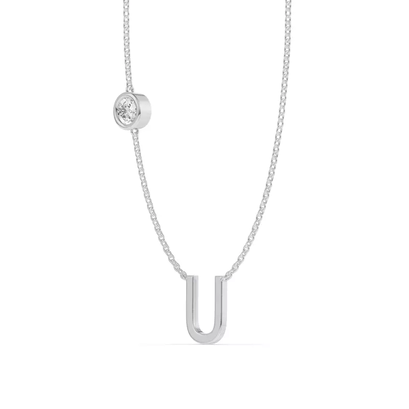 14K White Gold Bezel Lab Diamond Gold Initial Necklace - U