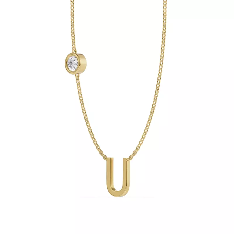 14K Yellow Gold Bezel Lab Diamond Gold Initial Necklace - U
