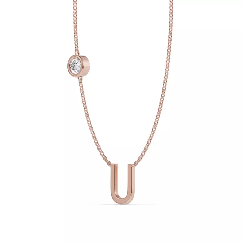 18K Rose Gold Bezel Lab Diamond Gold Initial Necklace - U