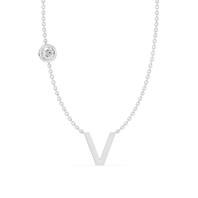 14K White Gold Bezel Lab Diamond Gold Initial Necklace - V
