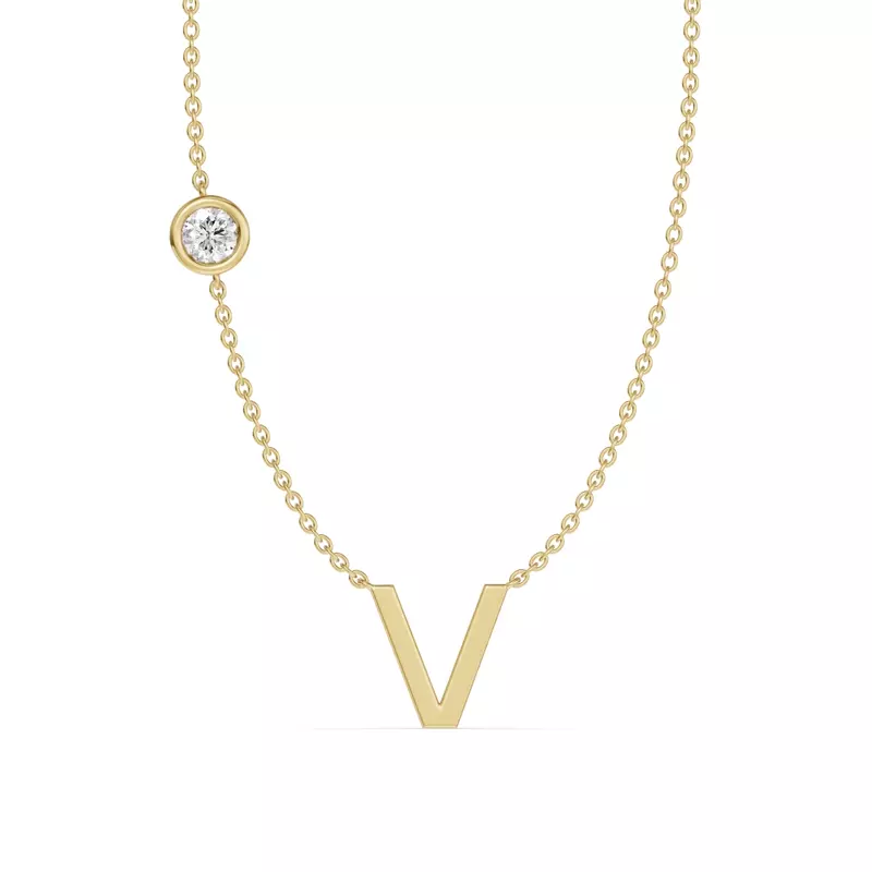14K Yellow Gold Bezel Lab Diamond Gold Initial Necklace - V