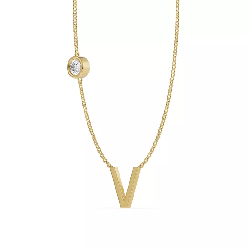 14K Yellow Gold Bezel Lab Diamond Gold Initial Necklace - V