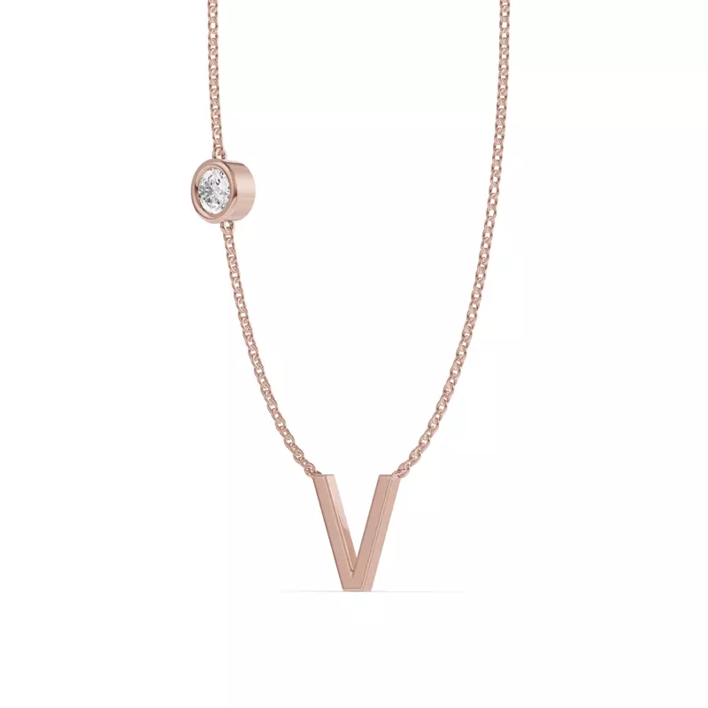 18K Rose Gold Bezel Lab Diamond Gold Initial Necklace - V