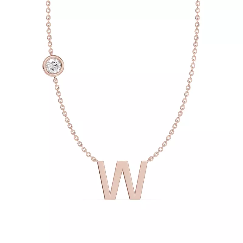 14K Rose Gold Bezel Lab Diamond Gold Initial Necklace - W