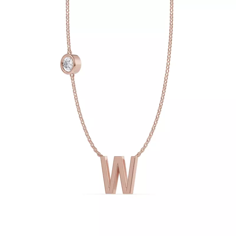 14K Rose Gold Bezel Lab Diamond Gold Initial Necklace - W