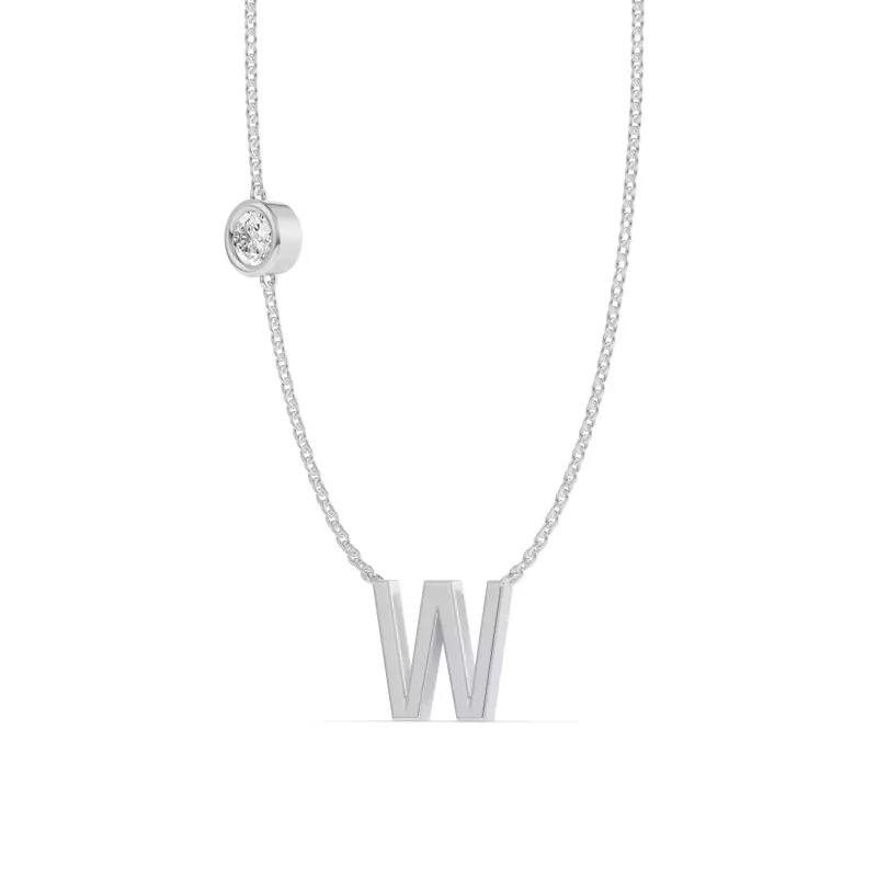 14K White Gold Bezel Diamond Gold Initial Necklace - W