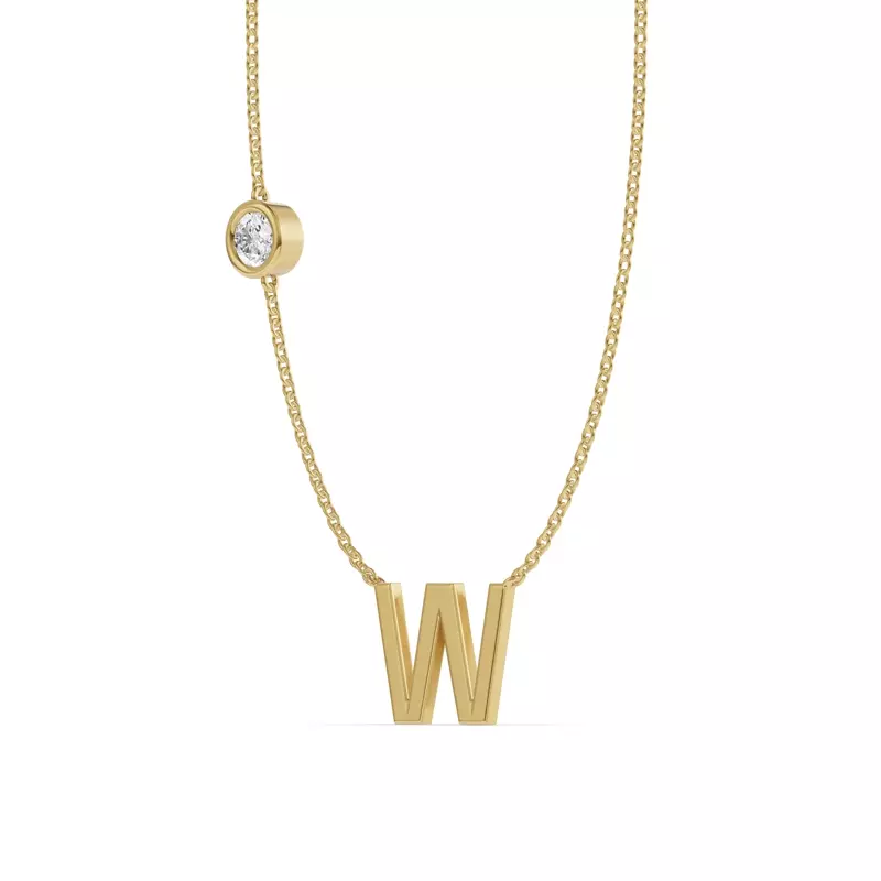 14K Yellow Gold Bezel Lab Diamond Gold Initial Necklace - W