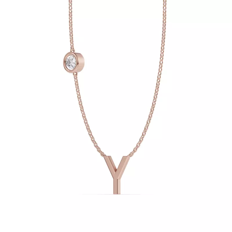 18K Rose Gold Bezel Lab Diamond Gold Initial Necklace - Y