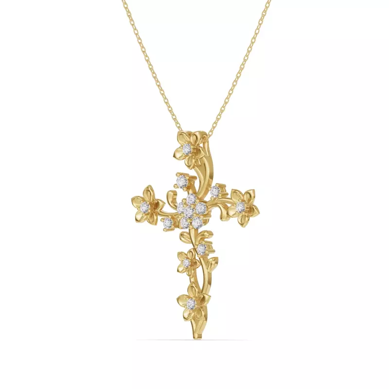 14K Yellow Gold Blossom Cross Diamond Pendant