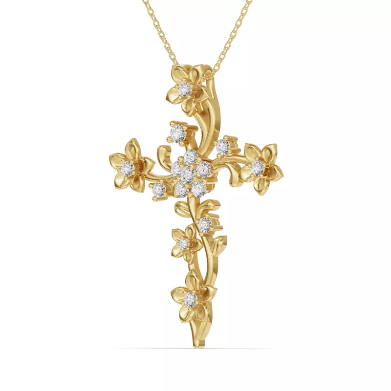 14K Yellow Gold Blossom Cross Diamond Pendant