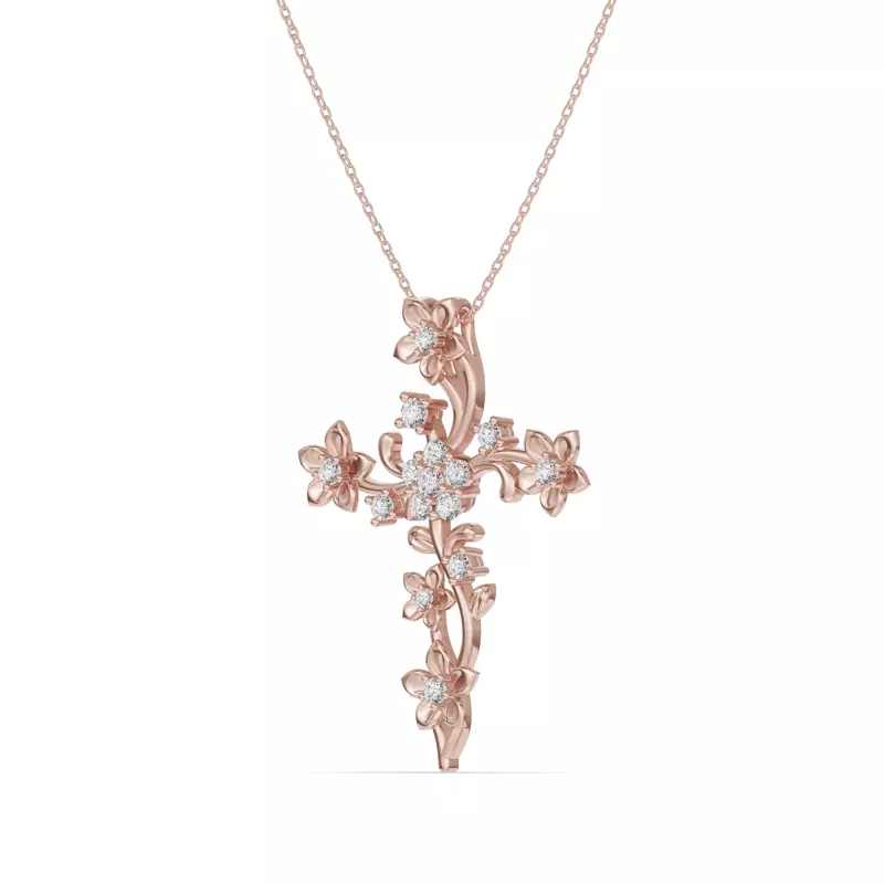 18K Rose Gold Blossom Cross Diamond Pendant