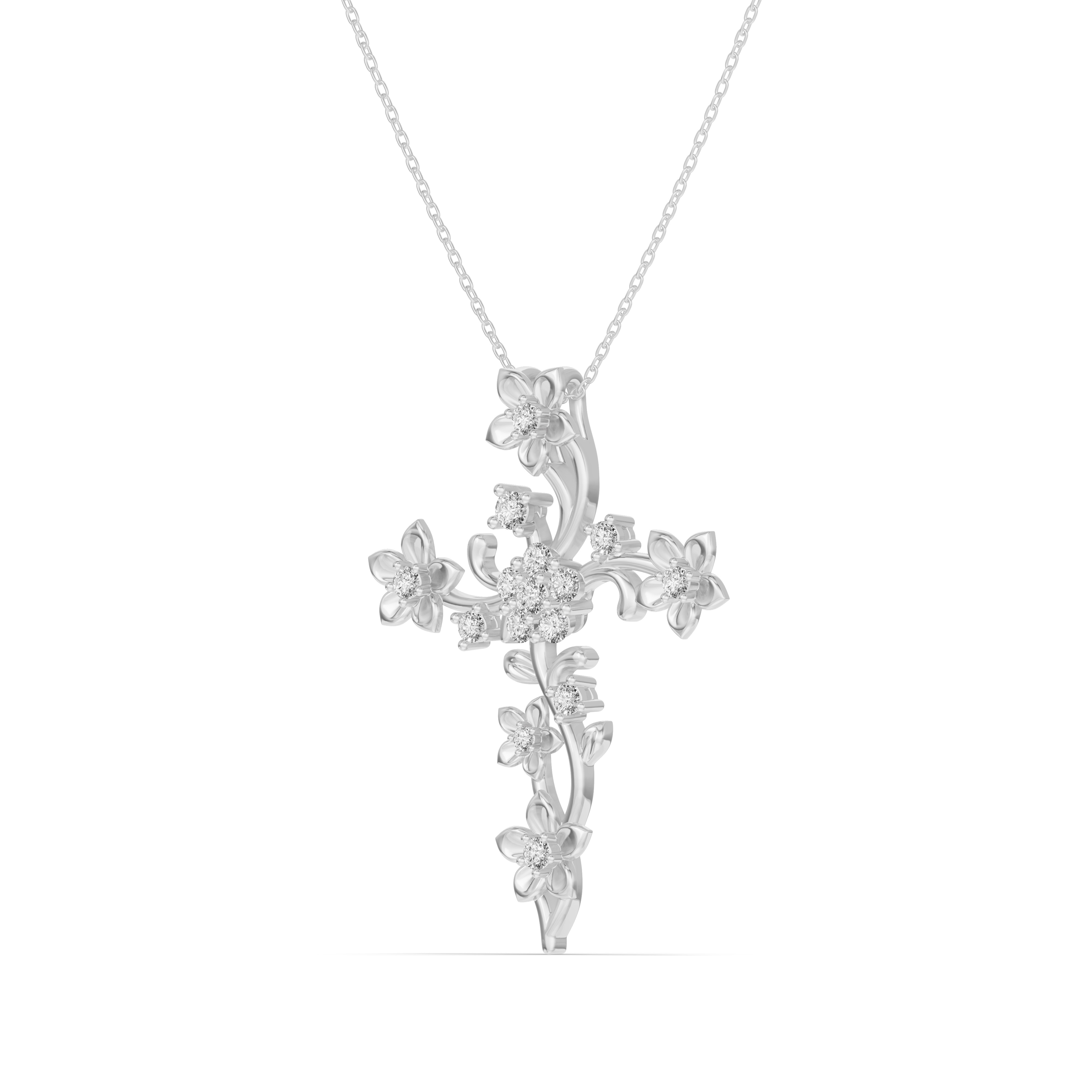 18K White Gold Blossom Cross Diamond Pendant