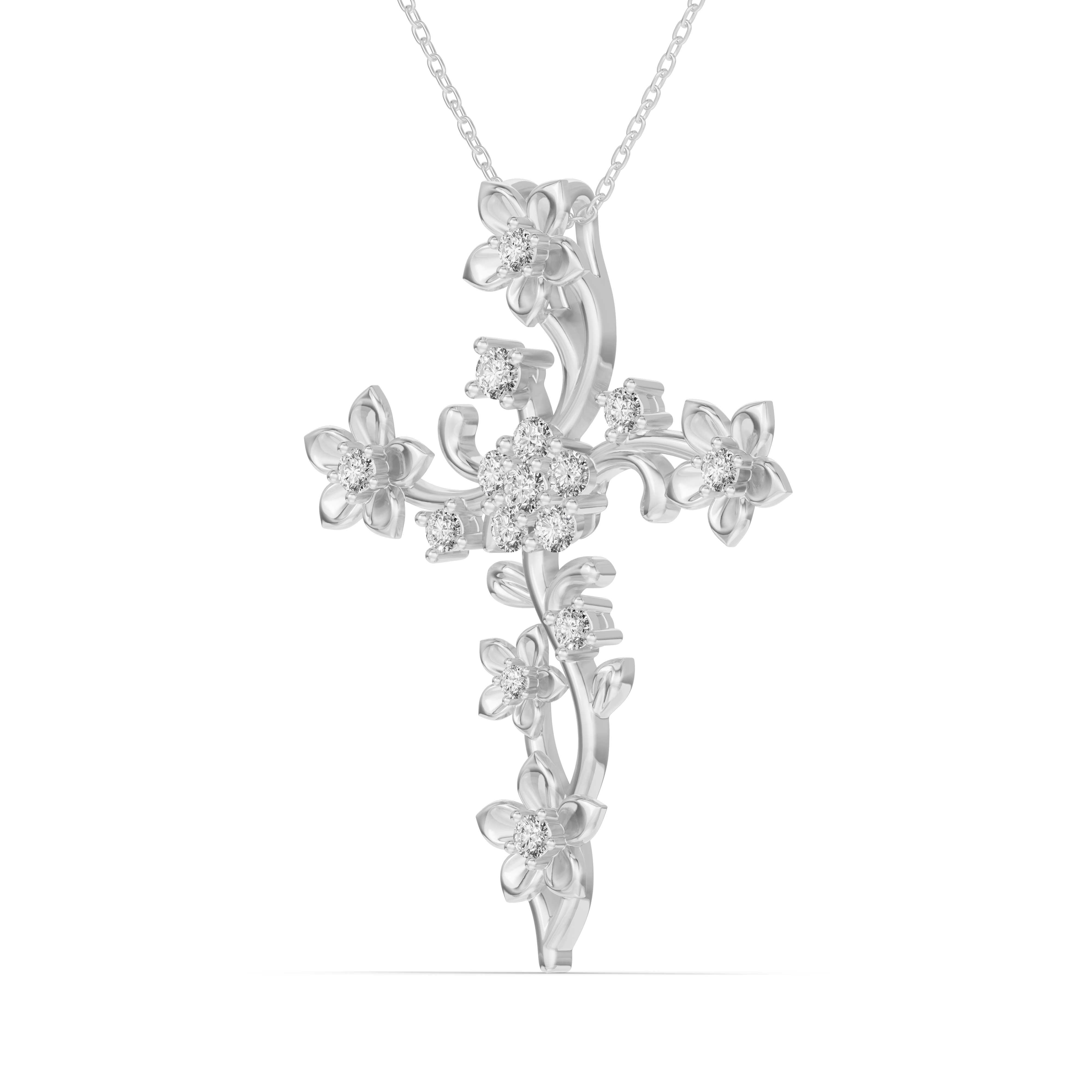 18K White Gold Blossom Cross Diamond Pendant
